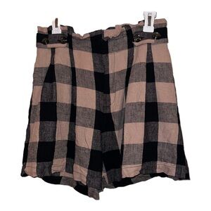 WHO WHAT WEAR High Rise Paperbag Tan Black Plaid Linen Blend Shorts Sz 6